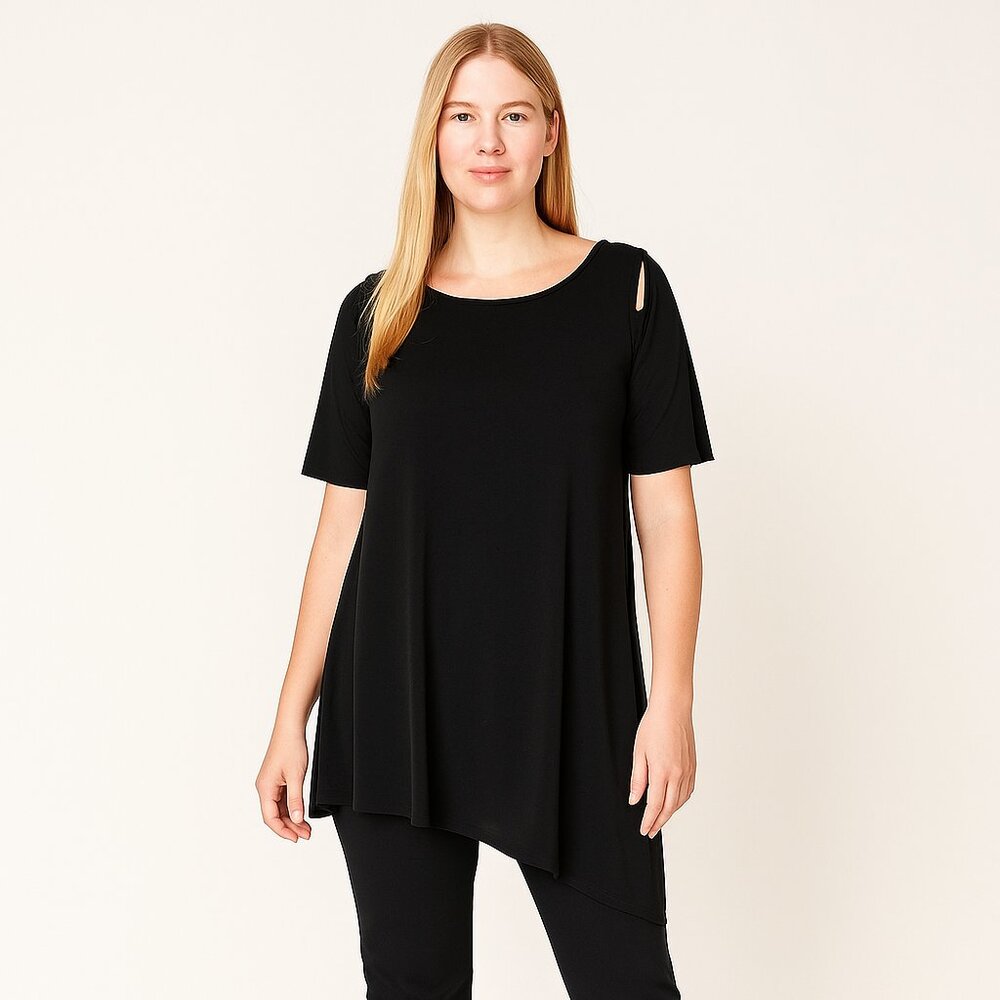 2/$30 Chico's Cold Shoulder Asymmetrical Tunic Top Black 8 #A1418